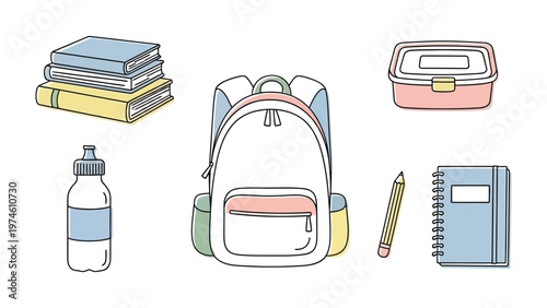 Backpack and School Essentials: A collection of essential school supplies, including a backpack, books, lunchbox, water bottle, pencil, and notepad.