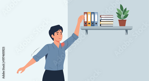 An office worker reaching for a binder feels sharp pain in their shoulder area
