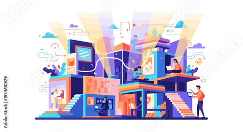 Modern Digital Business Hub with People Interacting.