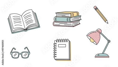 Study Essentials: A collection of school and study essentials artfully arranged against a clean backdrop, featuring a stack of books, an open book, a notebook, glasses, a pencil and a study lamp. 