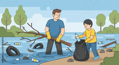 Man and child cleaning trash and debris from a river to improve environment