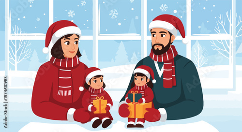 A happy family wearing Santa hats and winter clothes holding gifts indoors