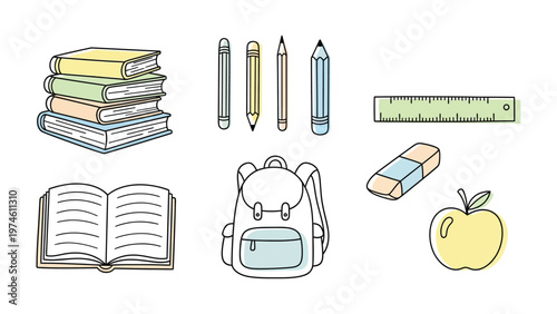 School Essentials: A vibrant collection of essential school supplies, including books, pencils, eraser, ruler, backpack and apple. These objects evoke a sense of curiosity and learning. 