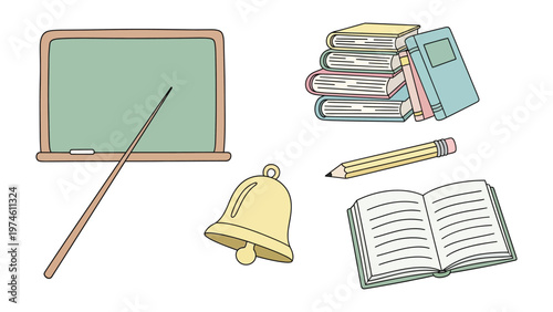 Educational Essentials: A collection of educational elements, including a chalkboard, books, pencil, bell, and an open book, symbolizing knowledge and learning.