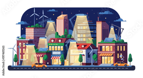 Modern Eco-Friendly Cityscape at Night with Wind Turbines.