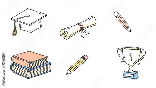 Academic Essentials: This illustration features an array of elements representing academic pursuits, including a graduation cap, diploma, pencils, books, and a trophy.