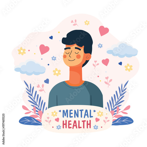 Mental health illustration with calm man, self care and emotional wellbeing concept