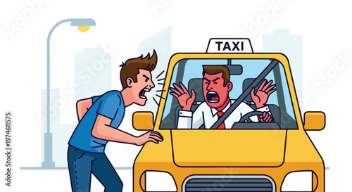 A man screams at a taxi driver while both people get angry during a confrontation