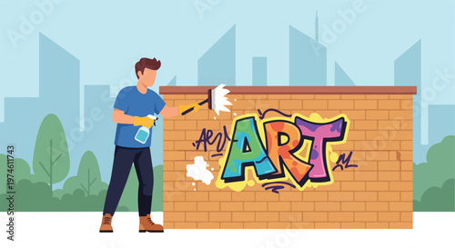 A person in gloves uses a squeegee to scrub graffiti art off a brick wall park