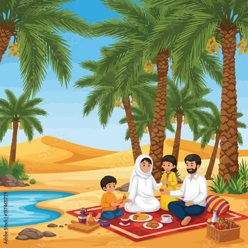 A Middle Eastern family enjoys a picnic by a desert oasis under palm trees