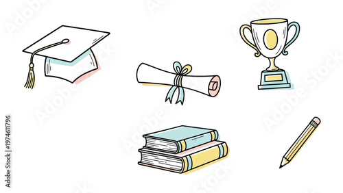 Academic Icon Set: A collection of educational icons, including a graduation cap, diploma, trophy, books, and pencil, symbolizing achievement and knowledge