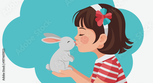 A cute illustration of a young girl gently kissing a small, soft grey pet rabbit