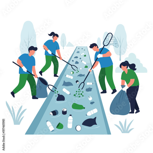 A group of volunteers works together to clean up plastic waste from a river path