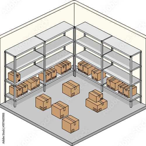 Isometric view of a small storage room with metal shelving units and cardboard boxes