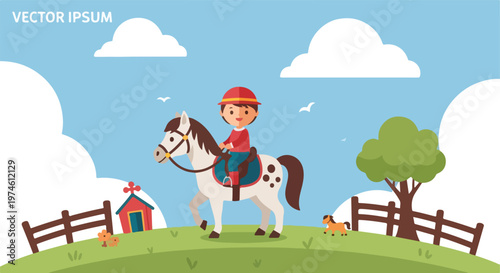 A cartoon child in a red cap riding a spotted horse on a sunny green pasture