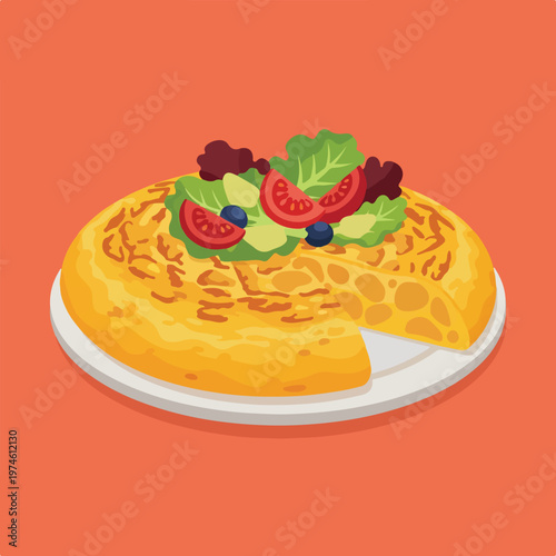 A sliced Spanish potato omelet topped with fresh salad on a plate, orange bg
