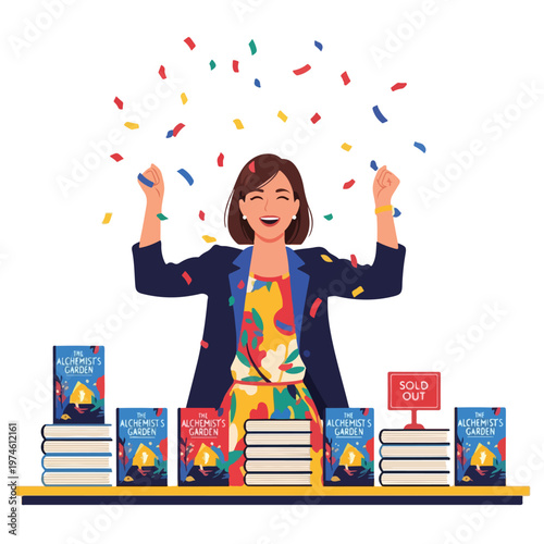 Happy author celebrating a successful book launch event with confetti falling down