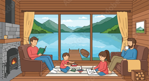 A happy family relaxing in a cozy log cabin overlooking a beautiful mountain lake