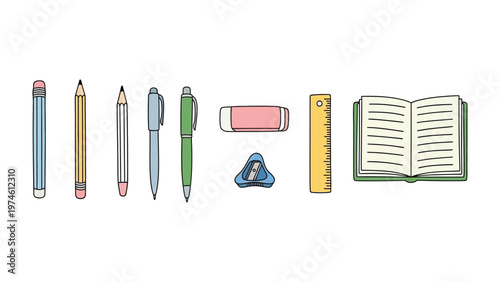 School Supplies: A collection of essential school supplies, perfectly arranged. Featuring pencils, pens, erasers, a ruler, a sharpener and an open book.