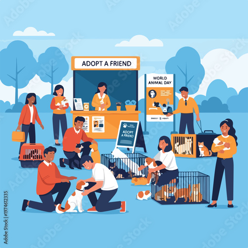 People interacting with rescued pets at an outdoor animal adoption event booth