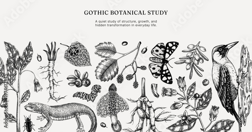 Vintage forest banner design. Natural history background. Poisonous plants, insects and birds hand-drawn vector illustration. NOT AI generated 