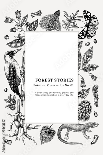 Vintage forest frame design. Natural history background. Poisonous plants, insects and birds hand drawn vector illustration. NOT AI generated 