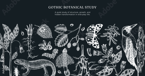 Vintage forest banner design. Natural history background. Poisonous plants, insects and birds hand drawn vector illustration on chalkboard. NOT AI generated 