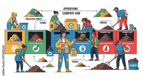 People working at a compost hub sorting waste for recycling.