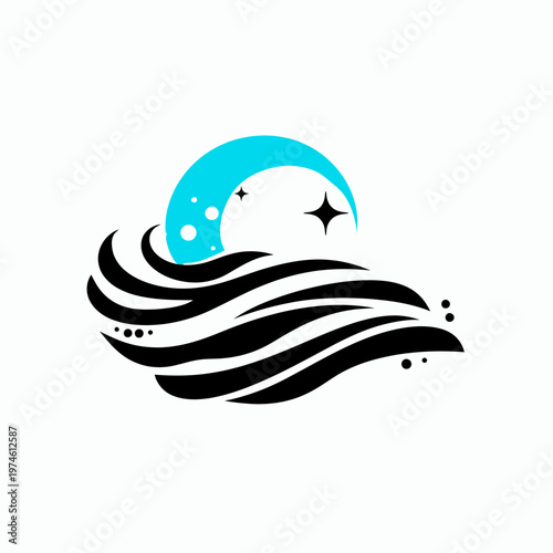 Abstract crescent moon and sparkling star with flowing wave shapes. Minimalist night sky graphic for dream, nature, or fantasy design.