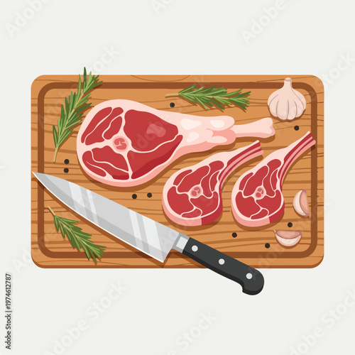 Raw lamb chops with rosemary, garlic, and a knife on a wooden cutting board