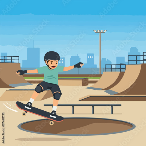 A young boy wearing safety gear rides his skateboard in an outdoor skate park