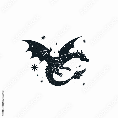 Celestial dragon silhouette illustration with stars and constellations, mythical fantasy creature flying through the night sky