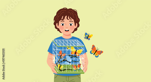 A young boy happily holds a cage as colorful butterflies flutter out of it