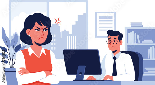 An angry woman stares down a nervous man working at his office computer desk