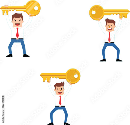 Happy businessman character holding giant golden key for business success solution security and corporate property real estate concept