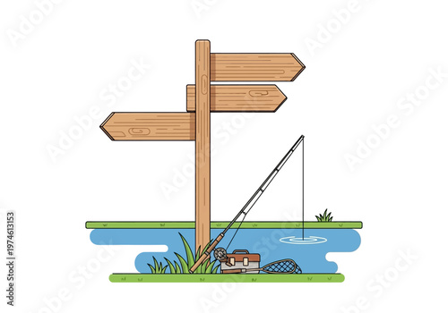 A wooden signpost with two arrows stands near a serene lake with a fishing rod and a fish.