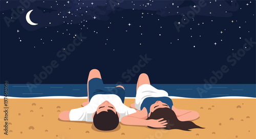 A couple lies on the beach under a starry night sky, looking at the universe