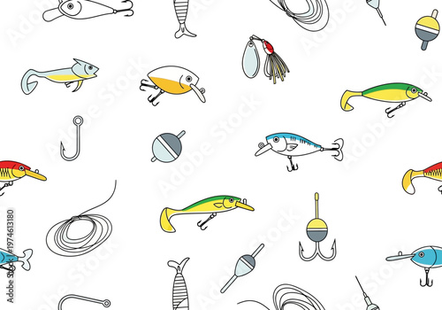 Fishing lures and tackle scattered on a table for an outdoor fishing event.