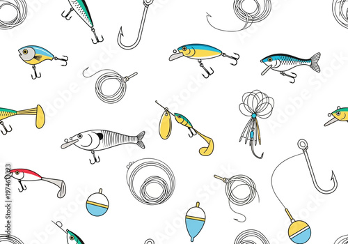 An assortment of colorful fishing lures and hooks scattered on a surface.