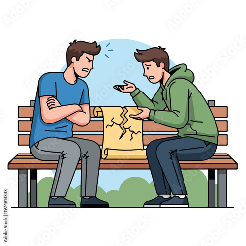 Two men sitting on a park bench arguing over a torn map held between them