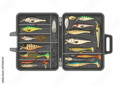 Open case containing assorted colorful fishing lures on display