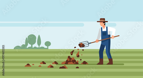 A flat vector illustration of a farmer using a pitchfork to spread brown soil