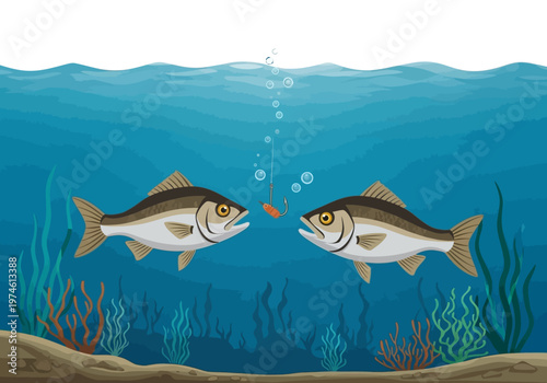 Two fish are swimming together underwater near seaweed on ocean floor