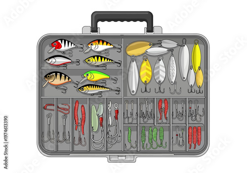 Fishing lure storage box contains various colorful artificial baits.