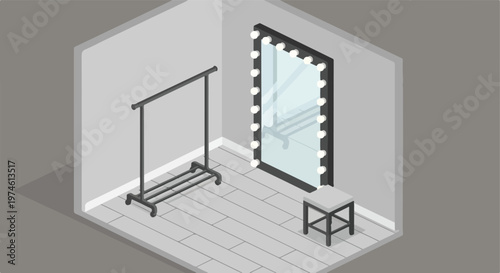 Isometric illustration of a dressing room with a vanity mirror and clothing rack