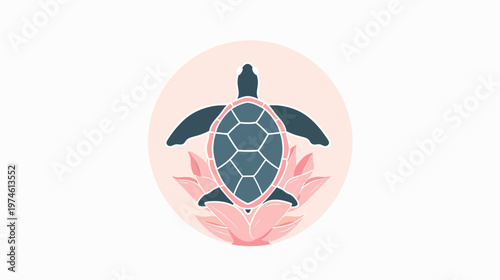 Minimalist turtle and lotus flower illustration in a soft pink circle. Flat design vector graphic for nature, zen, and aquatic themes.