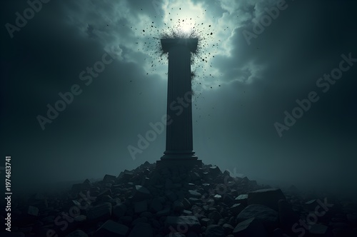 Fragmented Column Amidst Ruins and Stormy Sky