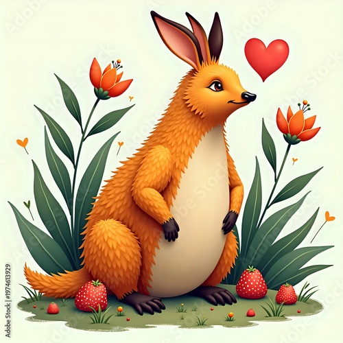 Cute Orange Marsupial with Heart Amidst Lush Greenery
