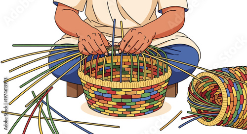 Person crafting a colorful woven basket with natural materials.