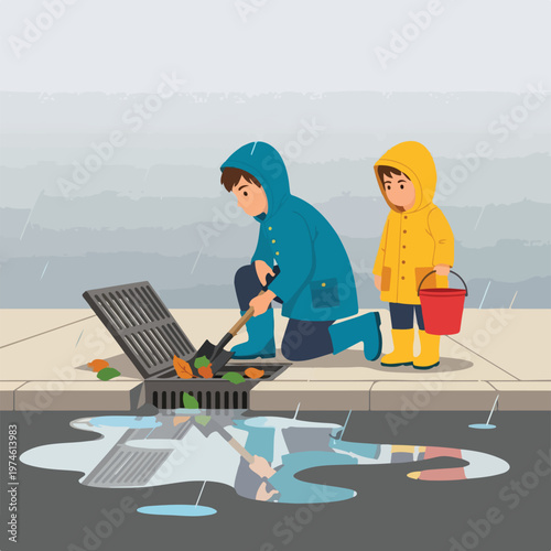 Two children in raincoats cleaning autumn leaves from a storm drain in the rain